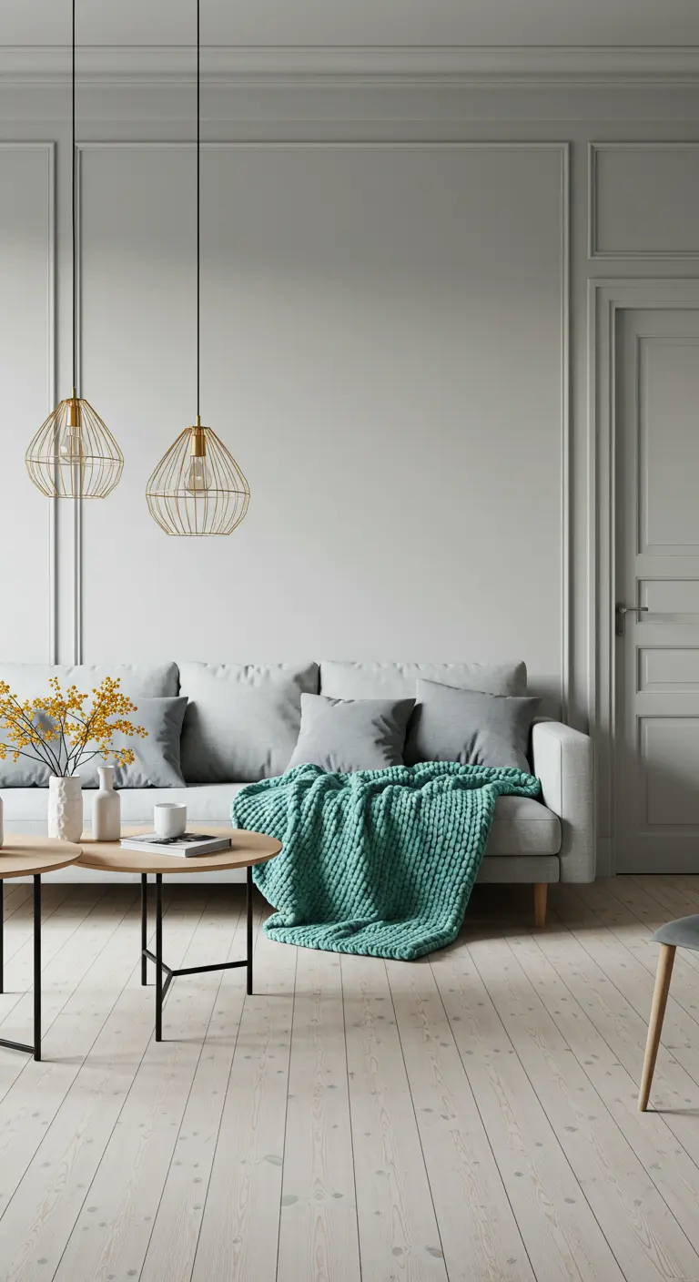 Scandinavische woonkamer met grijze bank, turquoise plaid en gouden hanglampen.
