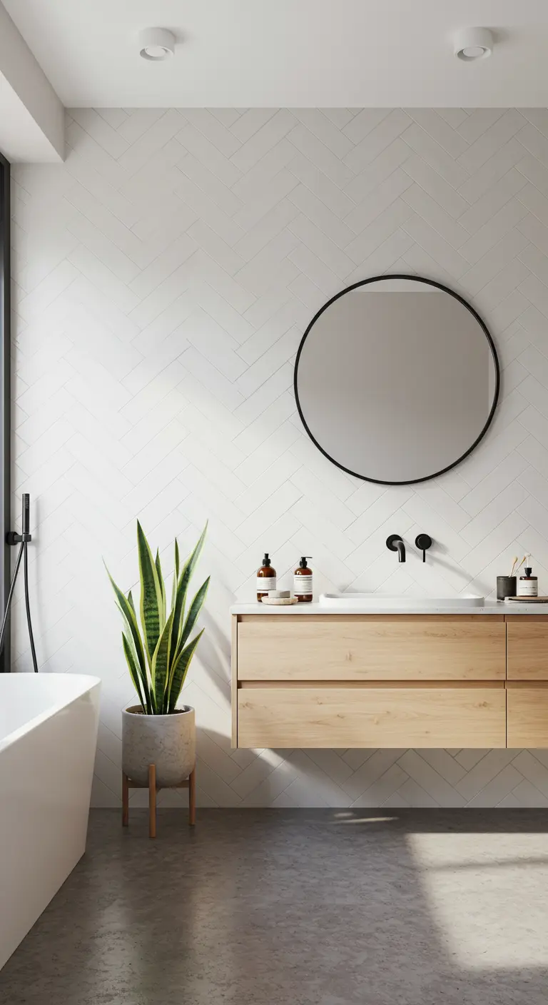 Lichte badkamer met witte visgraattegels, houten meubel en ronde spiegel.