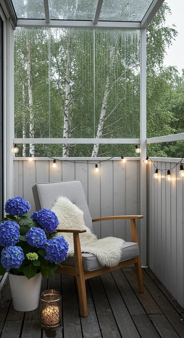 Licht en sereen balkon met glazen overkapping, houten stoel met schapenvacht en een grote blauwe hortensia.