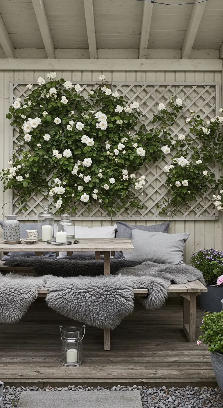 Wit houten terras met een trellis vol witte rozen en grijze kussens.