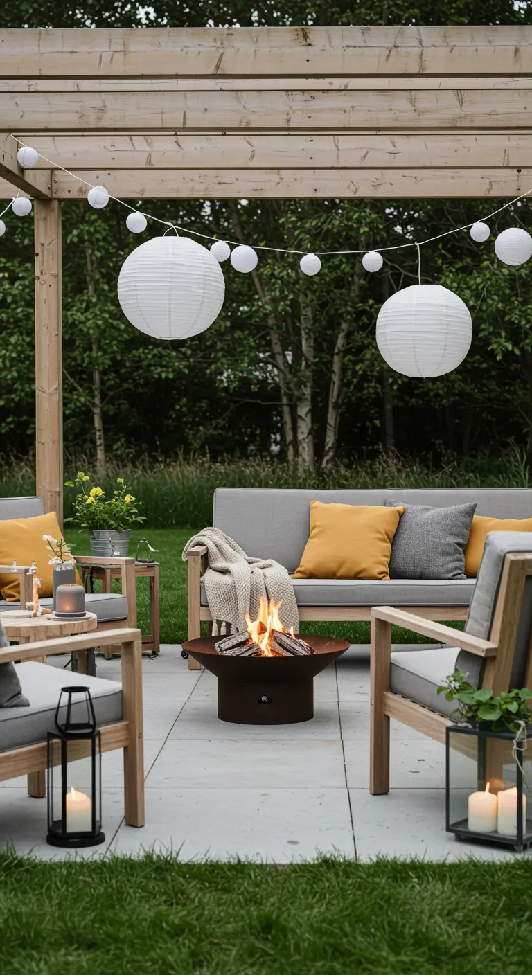Terras met pergola, vuurschaal, grijze loungebank en witte lampionnen.