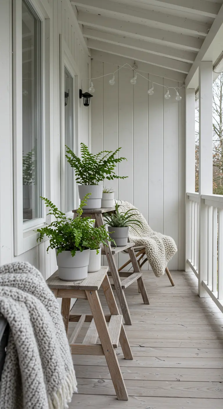Twee houten trapladders met varens in witte potten op een witte veranda in Scandinavische stijl.
