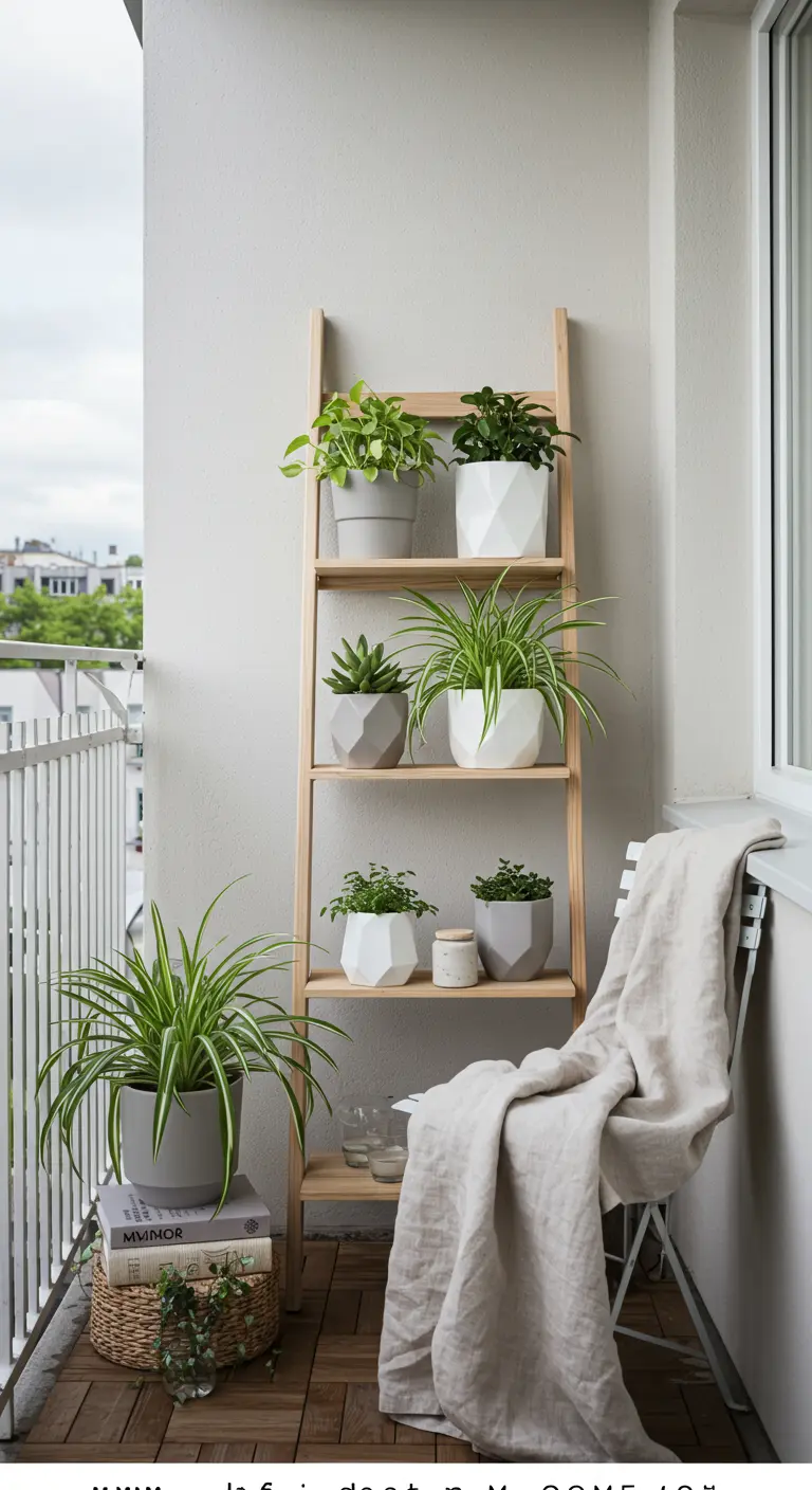 Lichte houten ladder op een balkon met planten in witte en grijze geometrische potten.