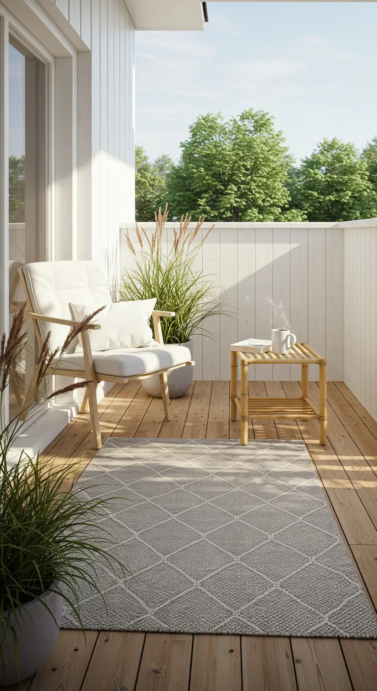 Licht balkon in Scandinavische stijl met houten vlonder en witte fauteuil.
