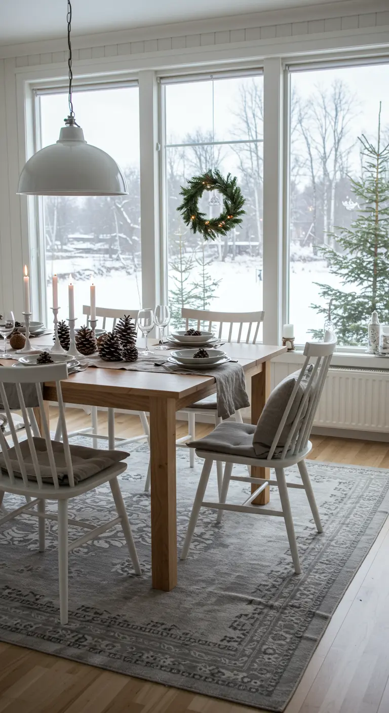 Lichte eetkamer in Scandinavische stijl met een grijs tapijt en uitzicht op sneeuw.