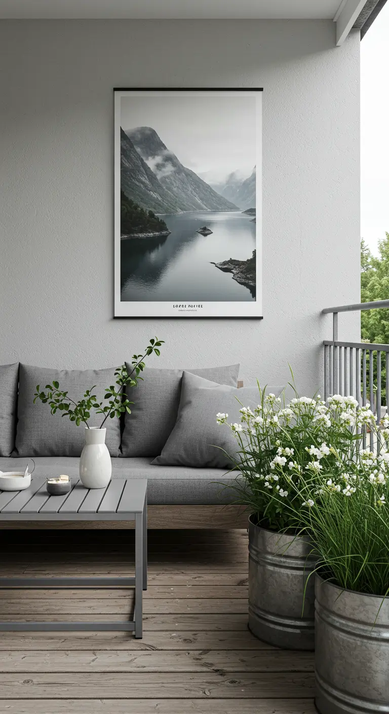Minimalistisch balkon met grijze loungebank en een grote poster van een Noors fjord.