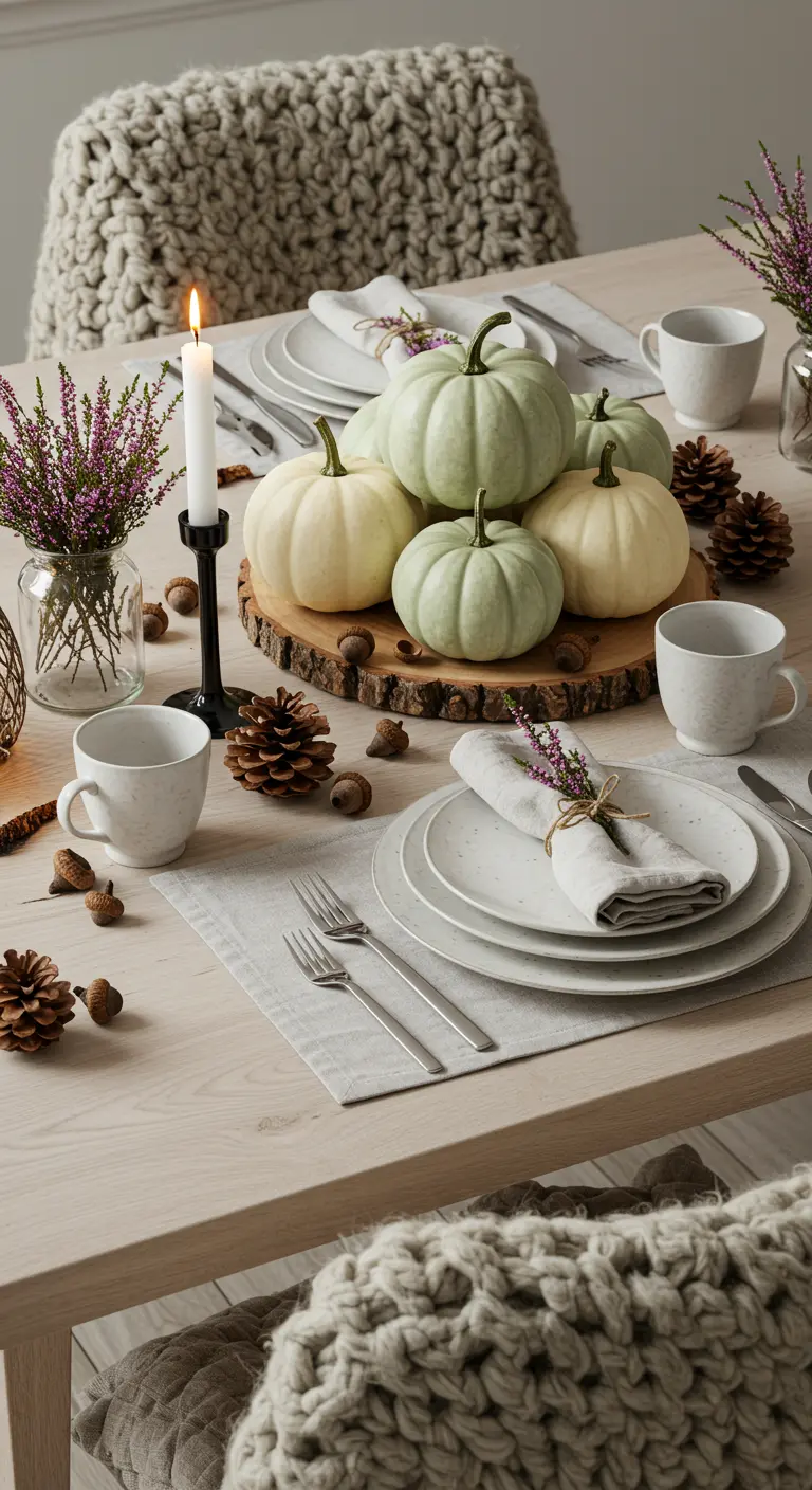 Lichte houten tafel met pastelgroene pompoenen, dennenappels en heide.