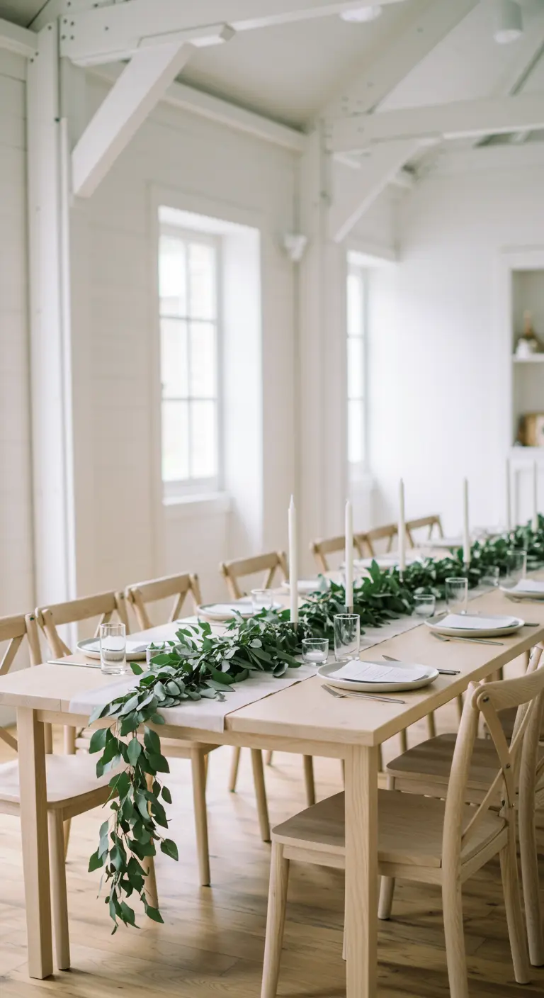 Lichte houten tafel in een witte ruimte, met een lange, afhangende guirlande van eucalyptus.
