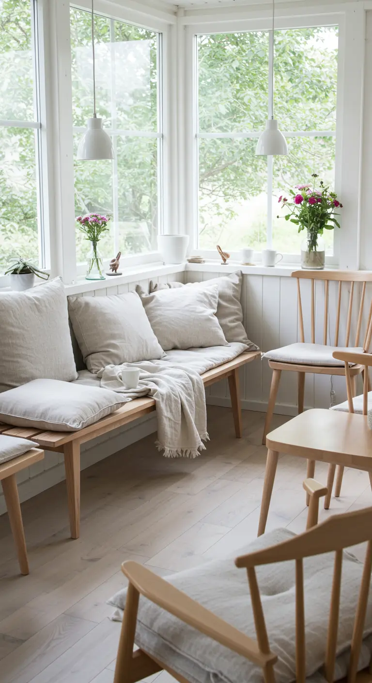 Lichte zithoek met houten bank en naturel linnen kussens.
