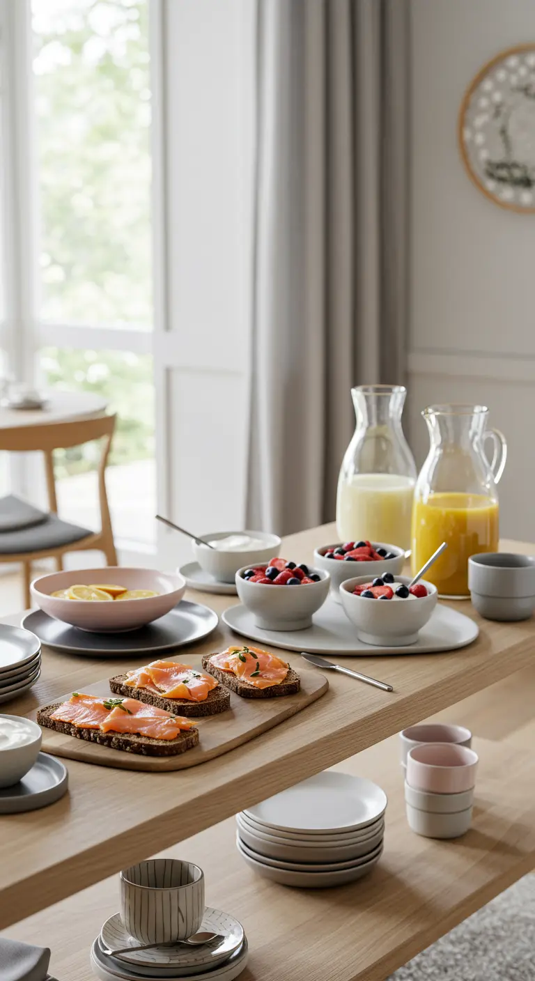 Scandinavisch ontbijtbuffet met zalm, bessen en neutraal servies.