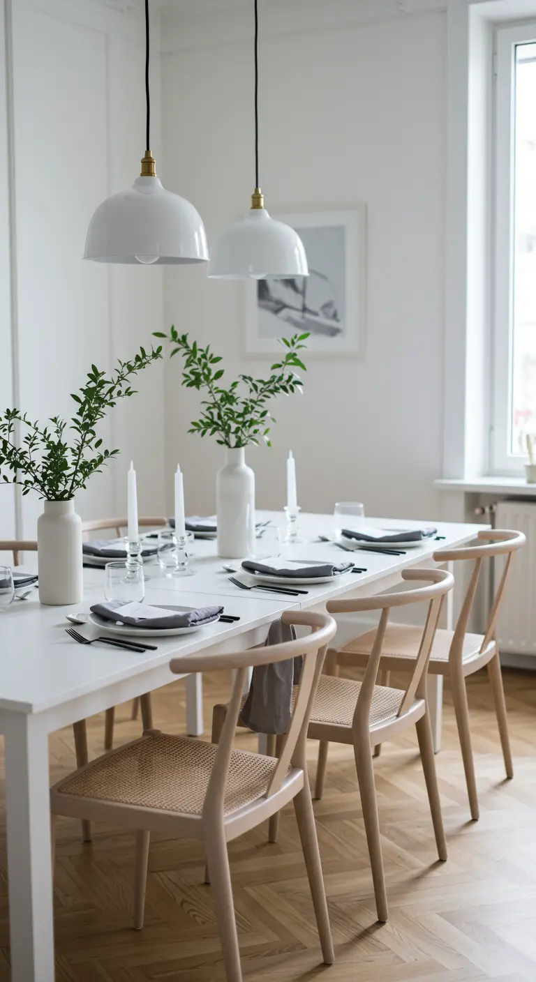 Minimalistische eettafel in Scandinavische stijl met groene takken in vazen.