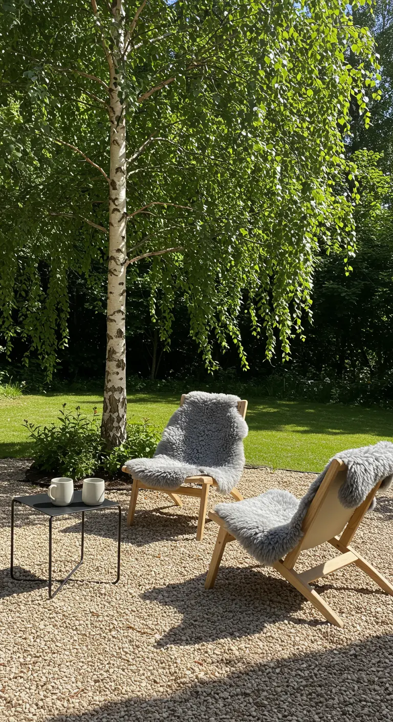 Twee houten designstoelen met grijze schapenvachten op een terras van grind.
