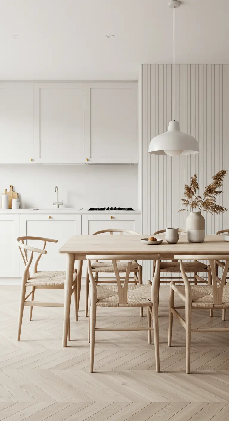 Scandinavische eetkamer met lichte houten meubels, geweven stoelen, witte keuken en lattenwand.
