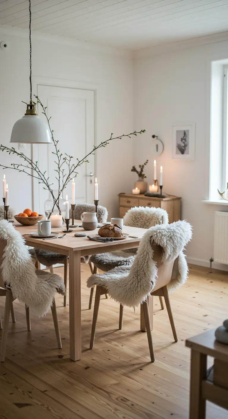 Scandinavische eetkamer met houten tafel, schapenvacht stoelen en kaarsen.