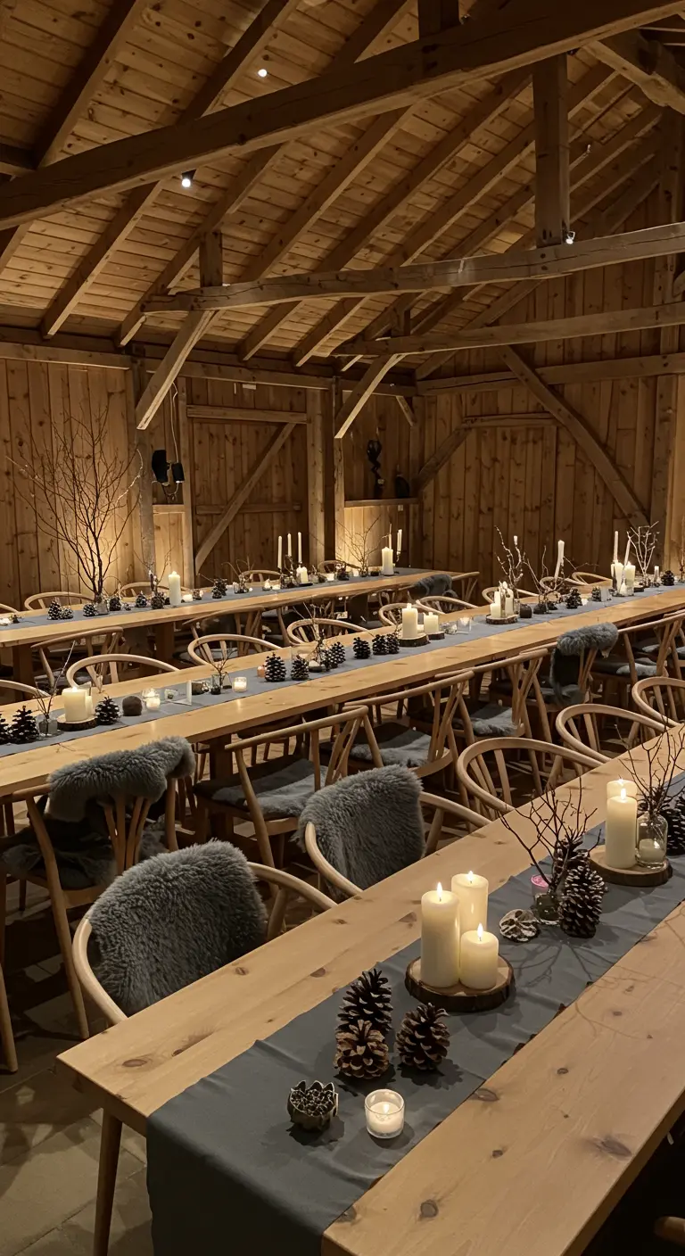 Lange houten tafels in een rustieke schuur, gedecoreerd met dennenappels en kaarsen.