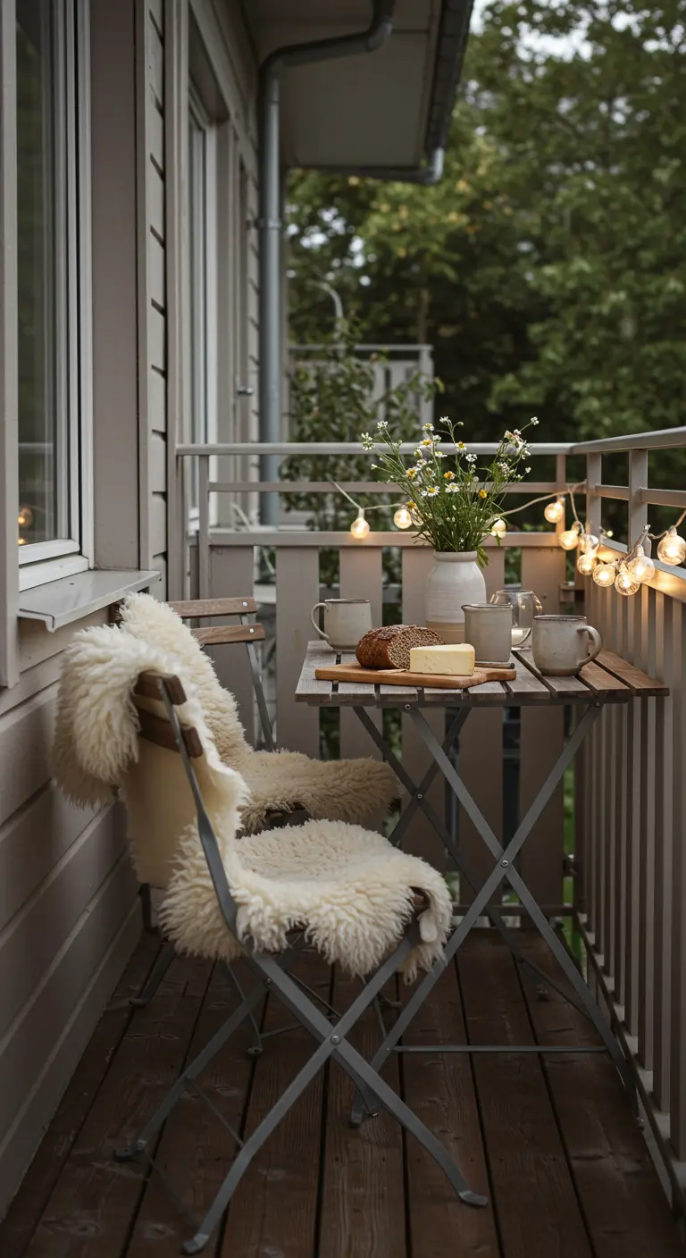 Knus balkon met bistroset, schapenvachtjes over de stoelen en een lichtsnoer.