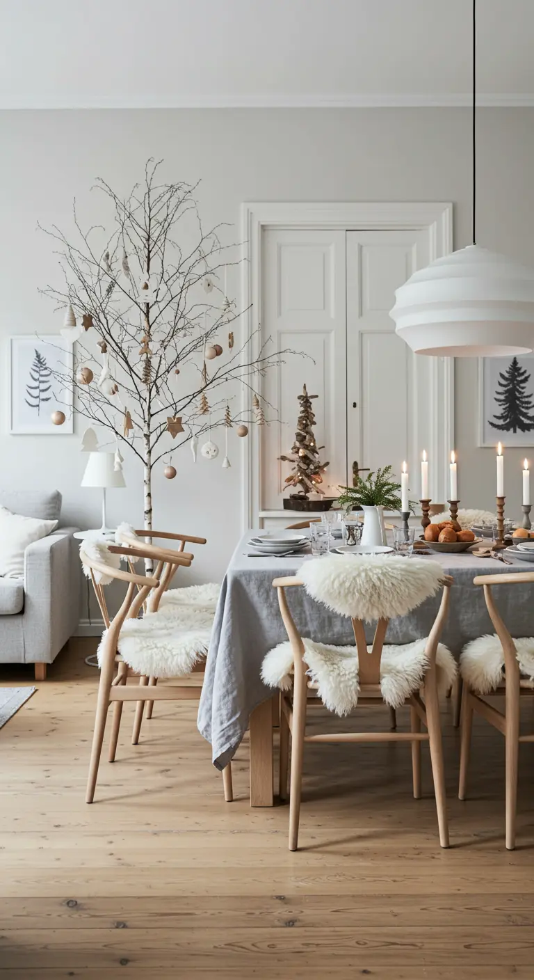 Scandinavische eethoek met een kale tak als kerstboom en schapenvachtjes op de stoelen.