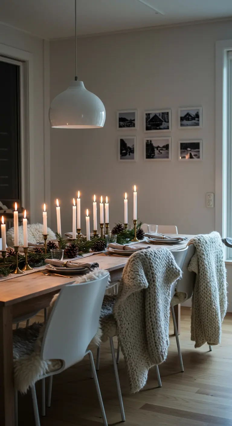 Scandinavische eettafel met witte kaarsen, dennentakken en dikke gebreide plaids over de stoelen.