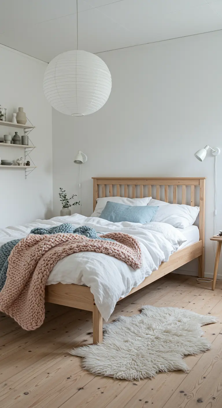 Scandinavische slaapkamer met wit en licht hout, een grofgebreide roze plaid, en een harig wit vloerkleed.