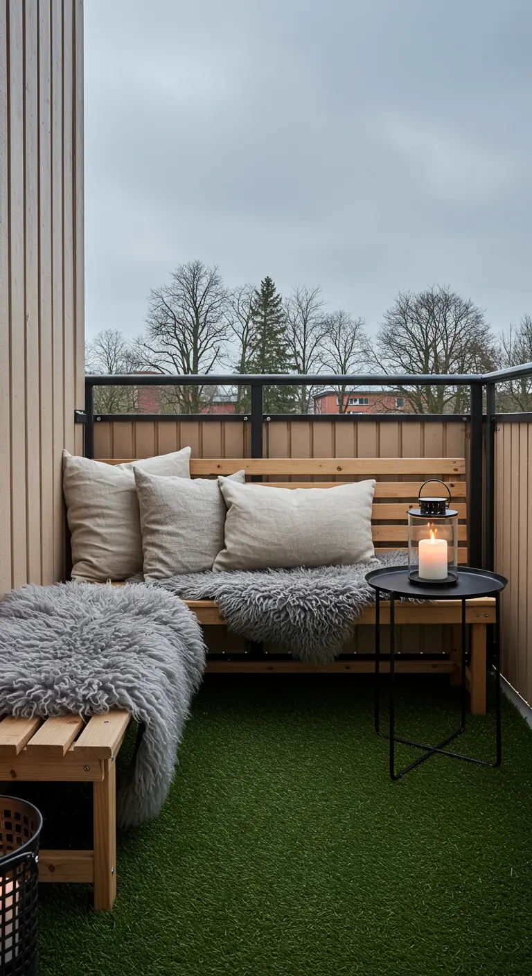 Balkon met kunstgras, houten bank, grijs schapenvacht en linnen kussens.