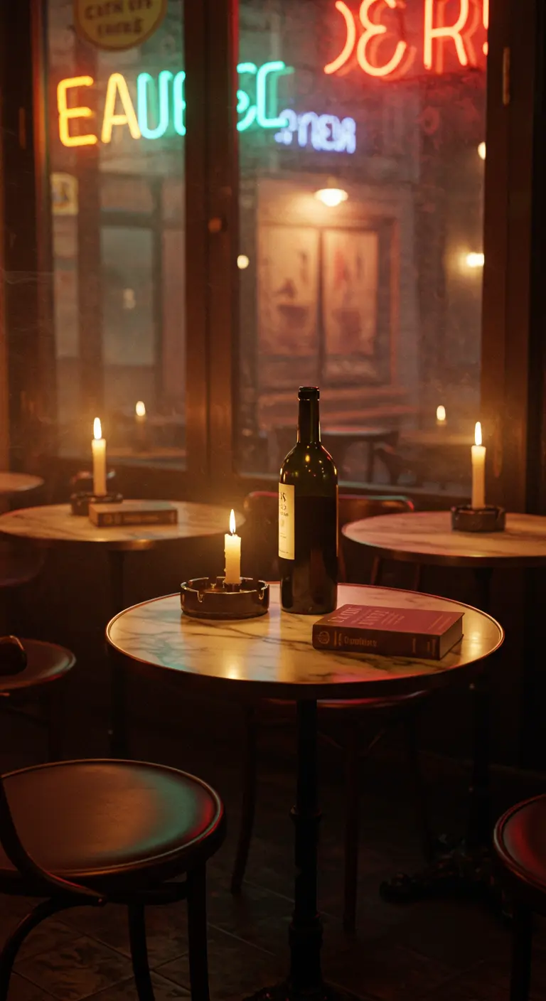Intieme bistrotafel met een kaars, een fles wijn en een boek in een donker café.