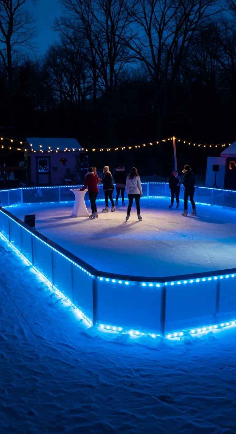 Schaatsbaan in de avond, omringd door blauwe LED-verlichting en warme lichtslingers.