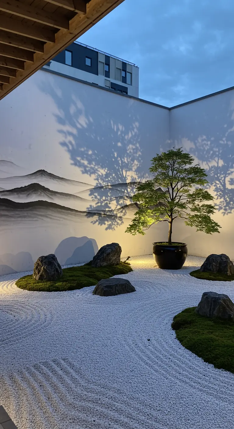 Moderne Japanse zentuin met een muurschildering van bergen en een uitgelichte boom