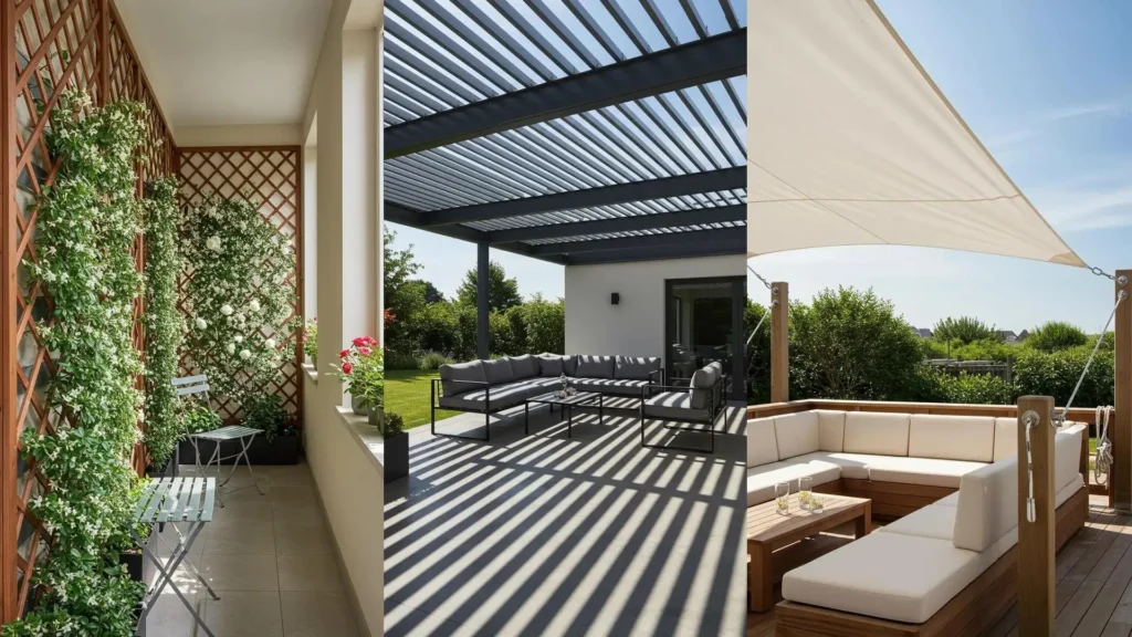 Drie creatieve manieren om schaduw te creëren: pergola, schaduwdoek en klimplanten voor stijlvolle buitenruimtes.
