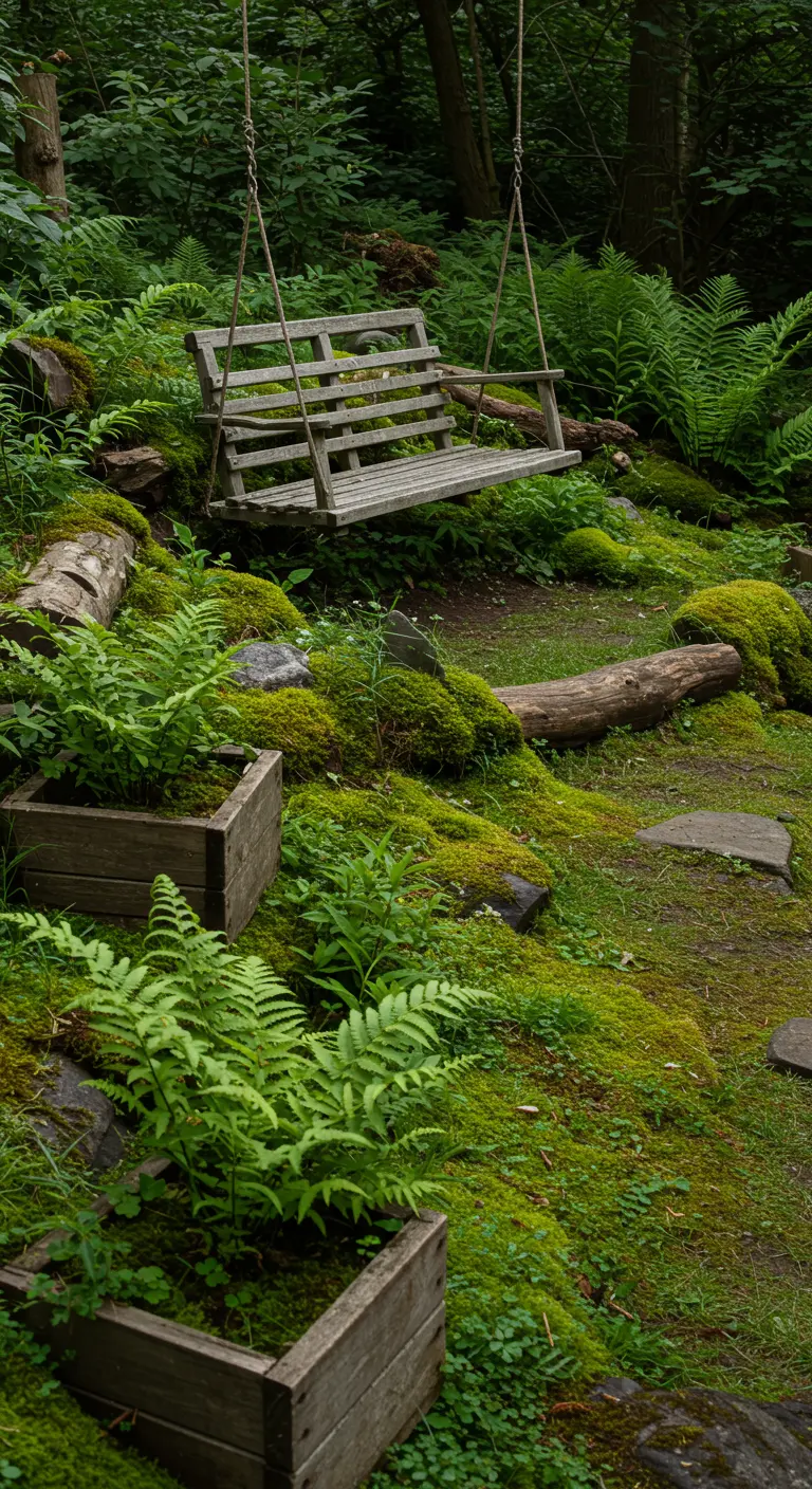 Houten schommelset in schaduwrijk bos met varens en stenen pad.