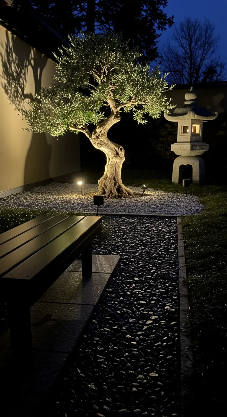 Sfeervol verlichte tuin 's nachts met een uitgelichte olijfboom en een Japanse lantaarn.