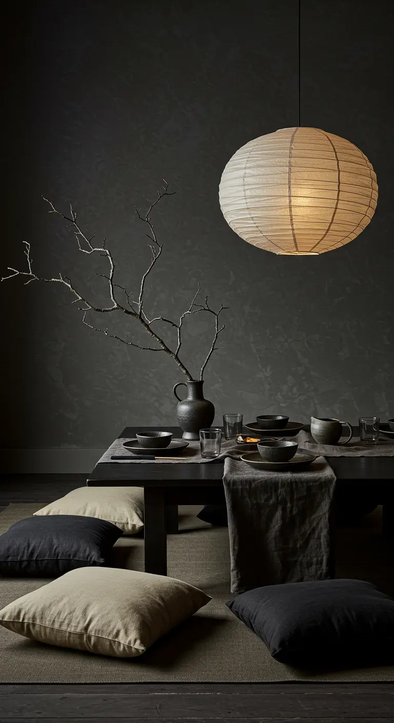 Minimalistische lage eettafel in Japanse stijl met kussens op de vloer en een papieren lampion.