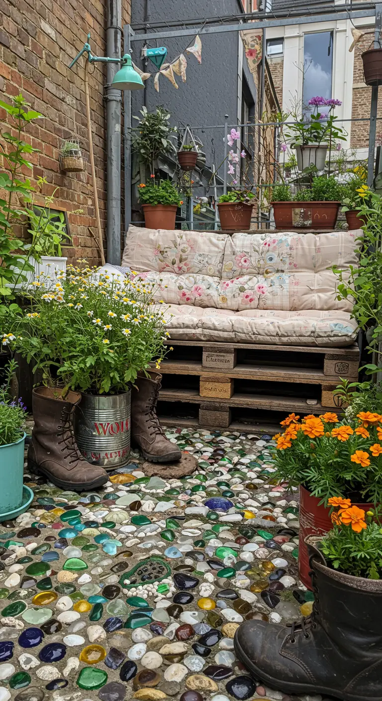 Creatieve stadstuin met palletbank, planten in oude laarzen en een vloer van kiezels en glas.