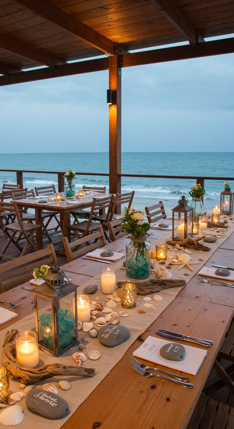 Tafel aan zee gedecoreerd met een loper vol schelpen, drijfhout en stenen met namen.