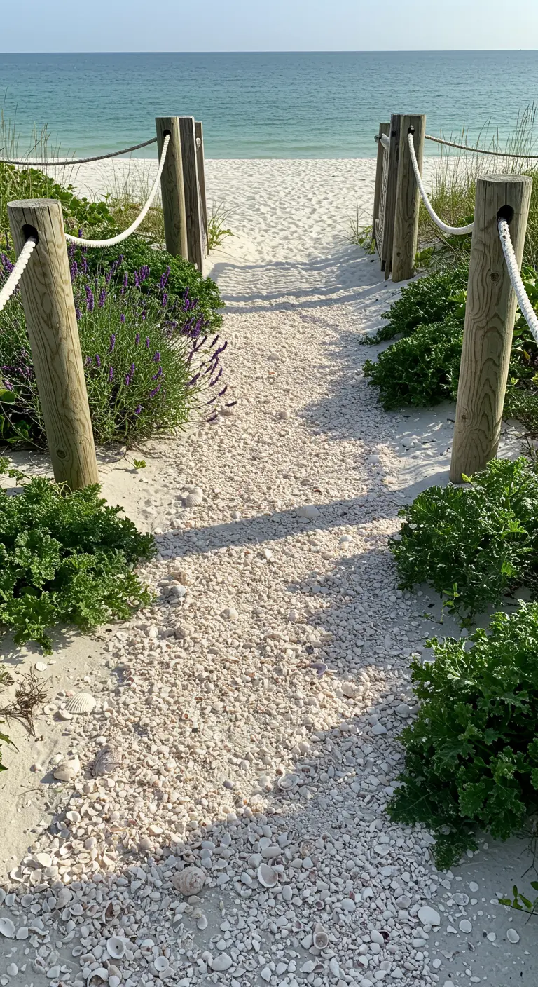 Een pad van witte schelpen dat door de duinen naar het strand leidt, afgezet met paaltjes en touw.