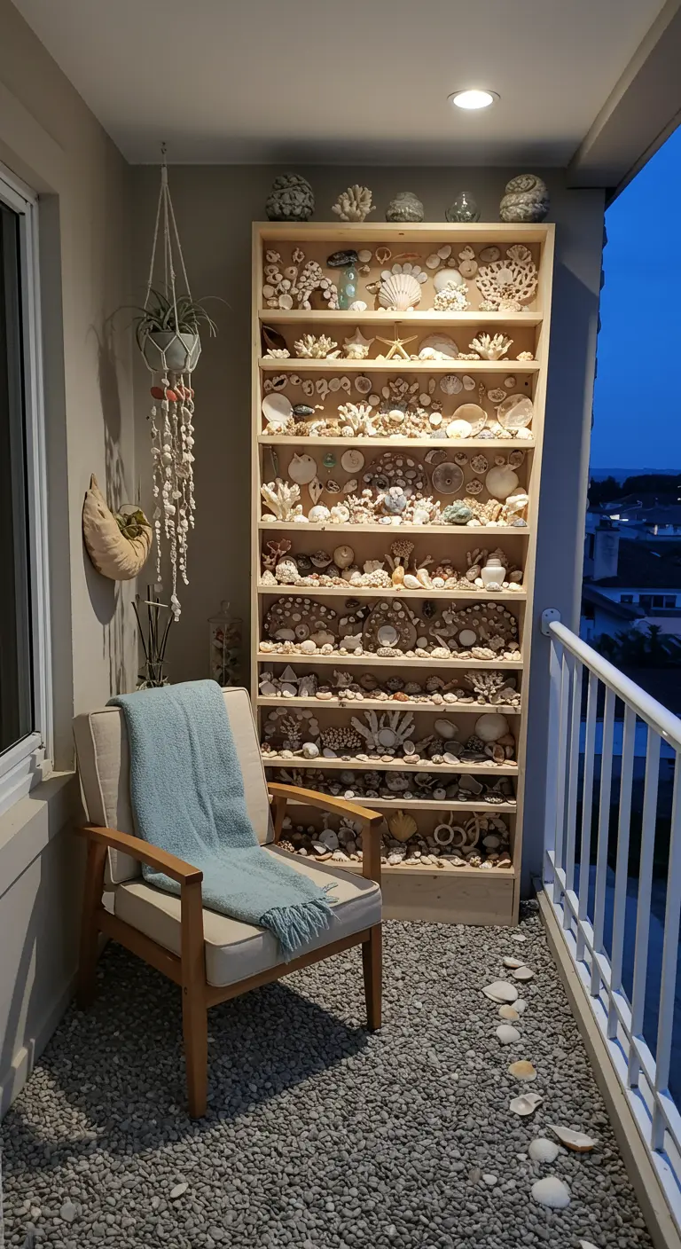 Balkon met hoge schelpenkast, grindvloer en houten stoel met blauw plaid, in nautische stijl.