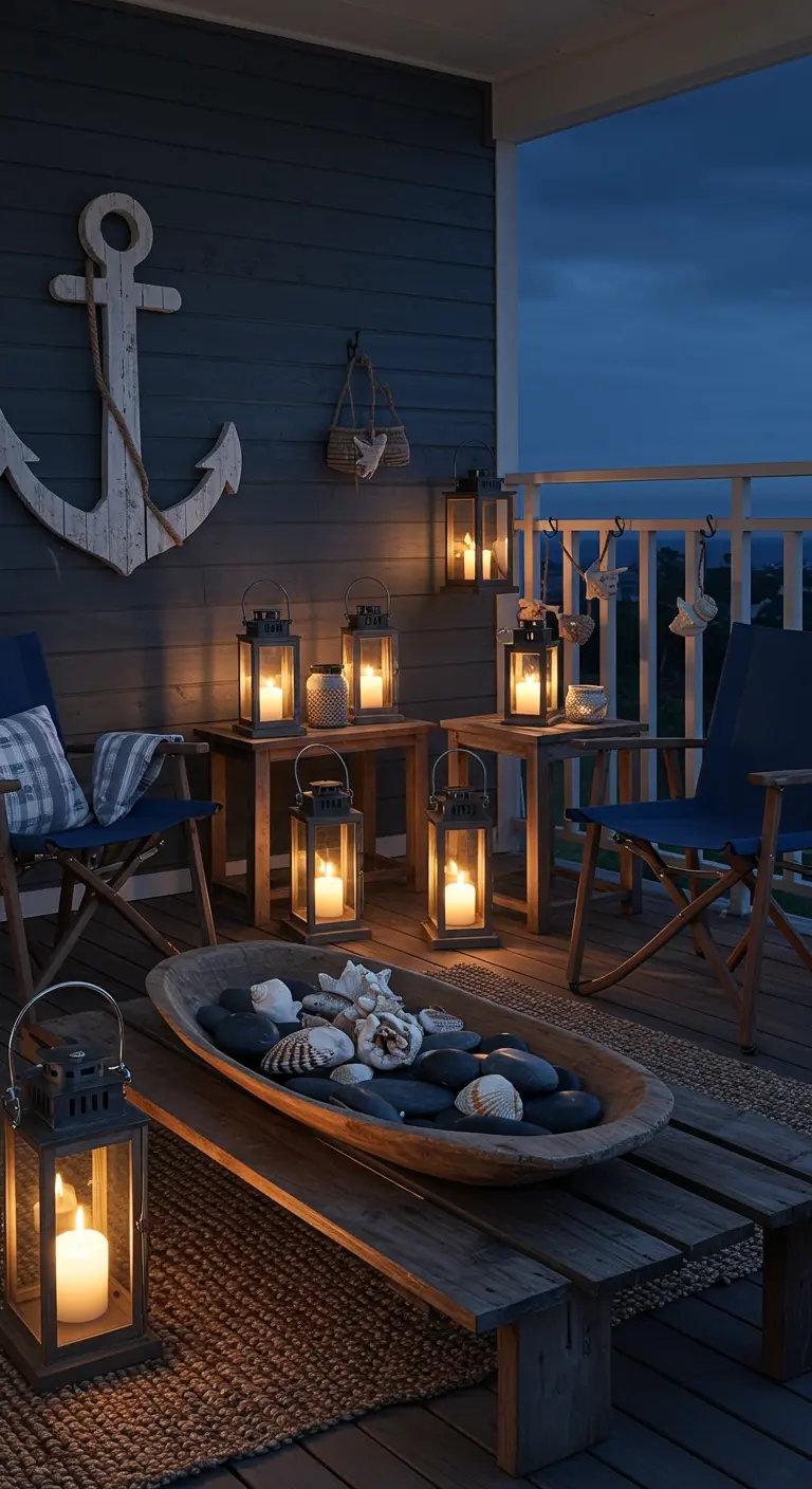 Sfeervol nautisch balkon in de schemering met groot houten anker, veel lantaarns, en een schaal vol schelpen.