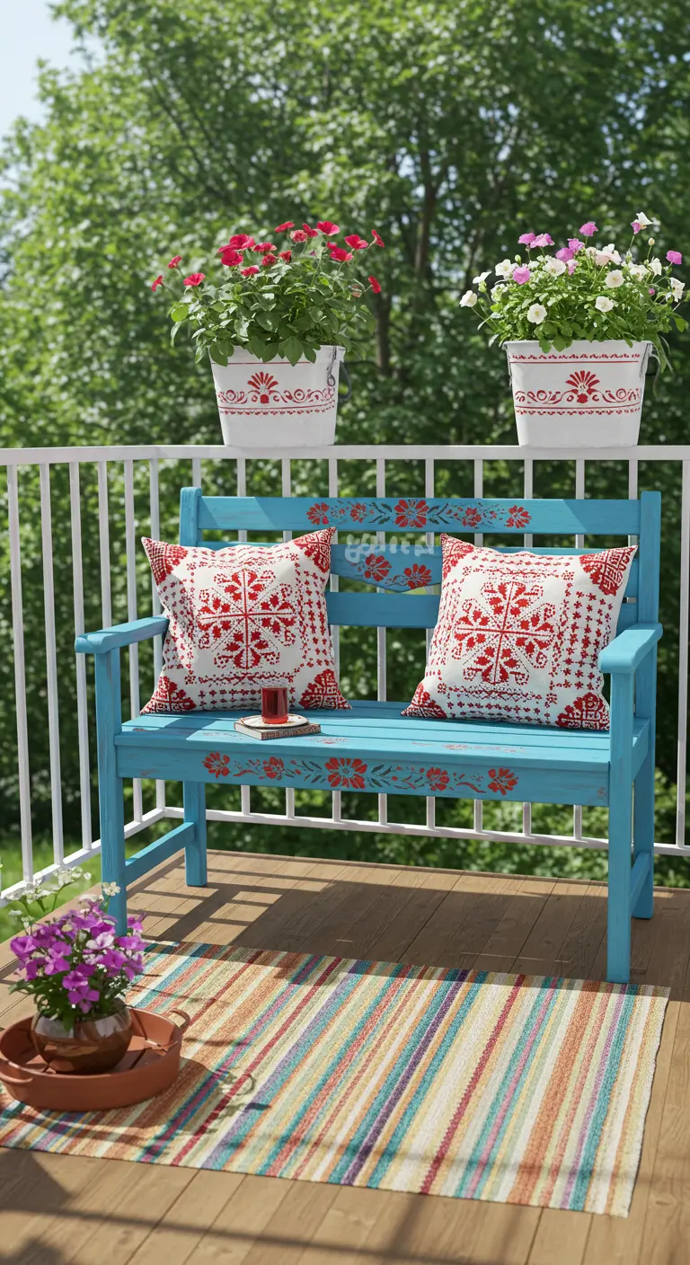 Vrolijk balkon met een blauw geverfd bankje en kussens met rood-witte folkloreprints.