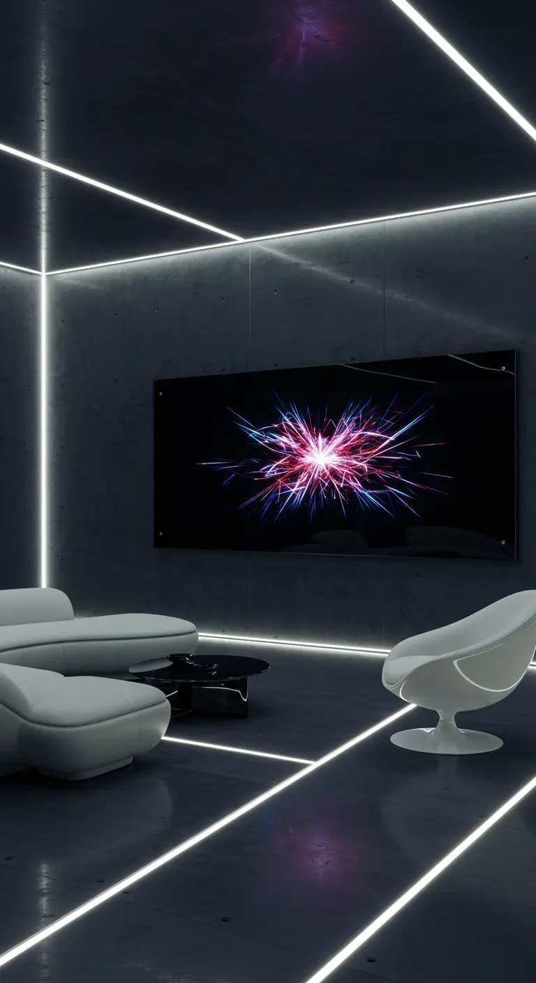 Futuristische donkere woonkamer met witte meubels en witte LED-lijnen langs de muren en vloer.