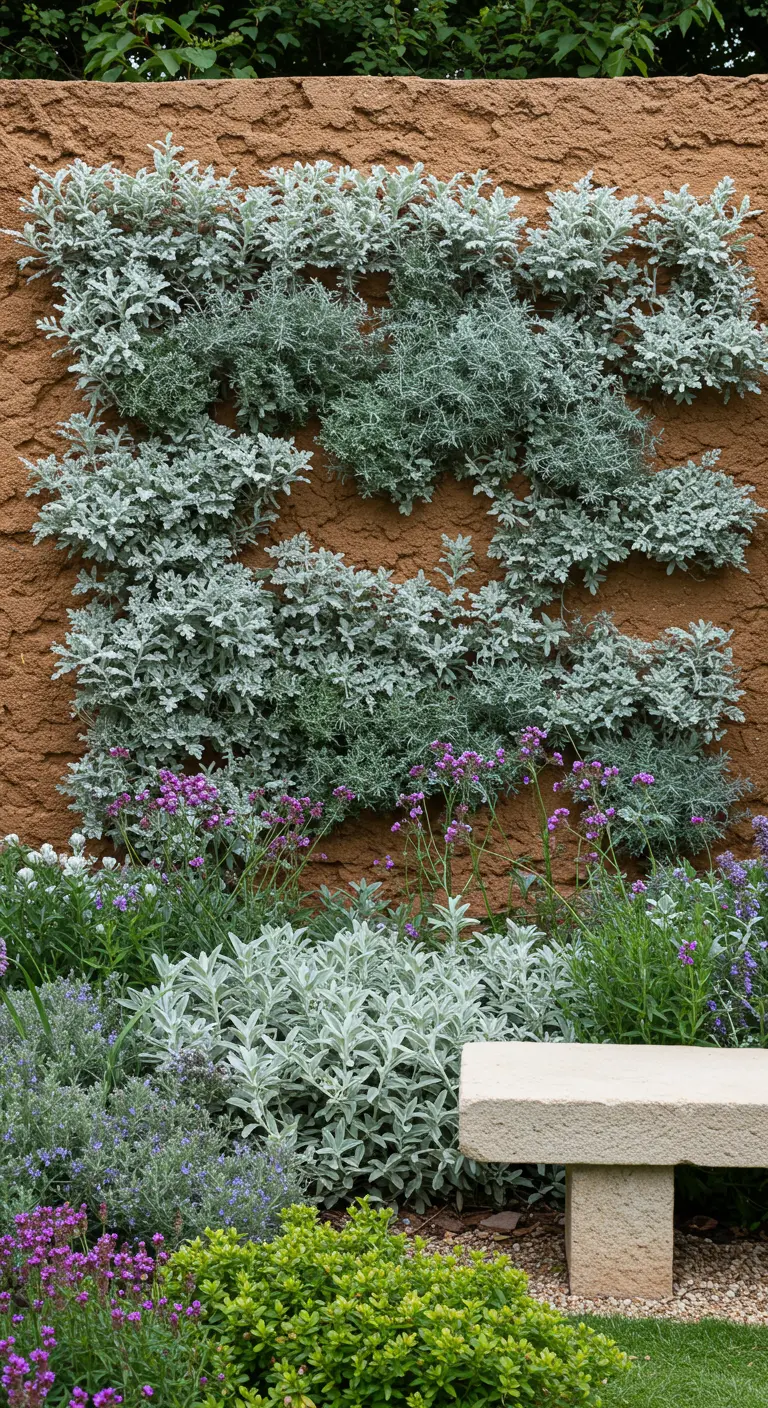 Getextureerde muur met zilverkleurige planten en subtiele paarse bloemen.