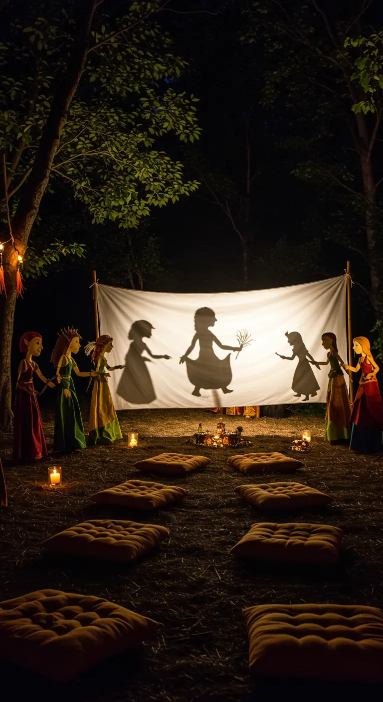 Schimmenspel op een wit doek in het bos, met publiek op kussens.