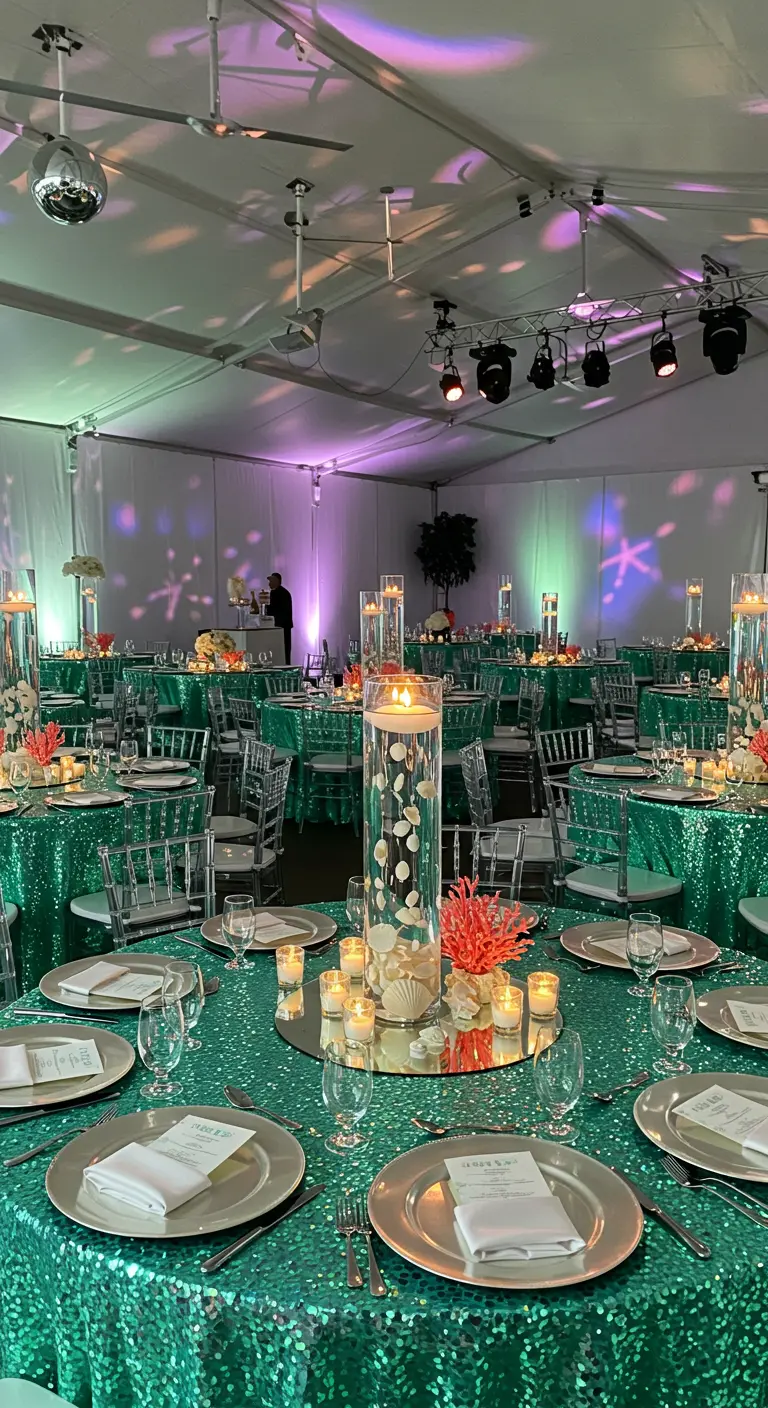 Ronde dinertafel met een zeegroen paillettenkleed, zilveren borden en een hoog centerpiece met kaarsen.