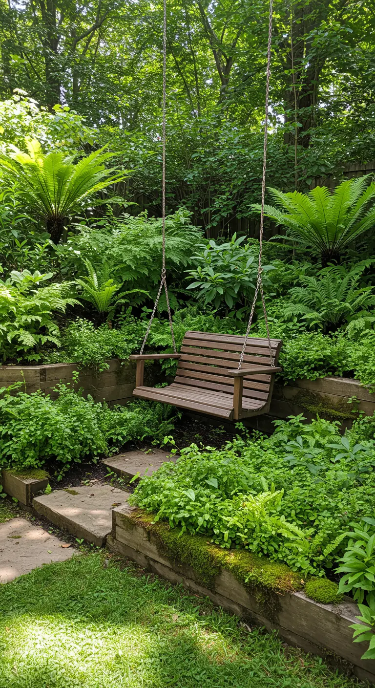 Houten schommelbank in getrapte tuin met diverse varens en groen.