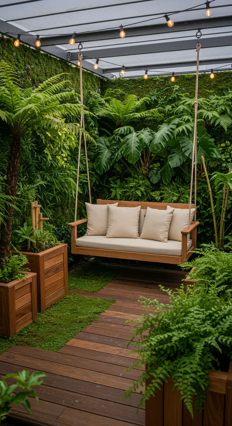 Houten schommelbank met kussens onder pergola met lichtslingers en groene wand.
