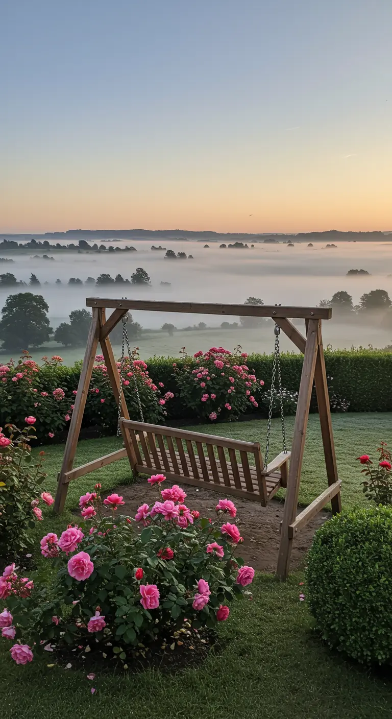 Houten schommelbank omringd door roze rozenstruiken met uitzicht op een mistig landschap bij zonsopgang.
