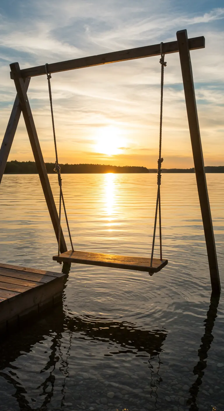 Eenvoudige houten schommel aan een A-frame boven het water bij zonsondergang.
