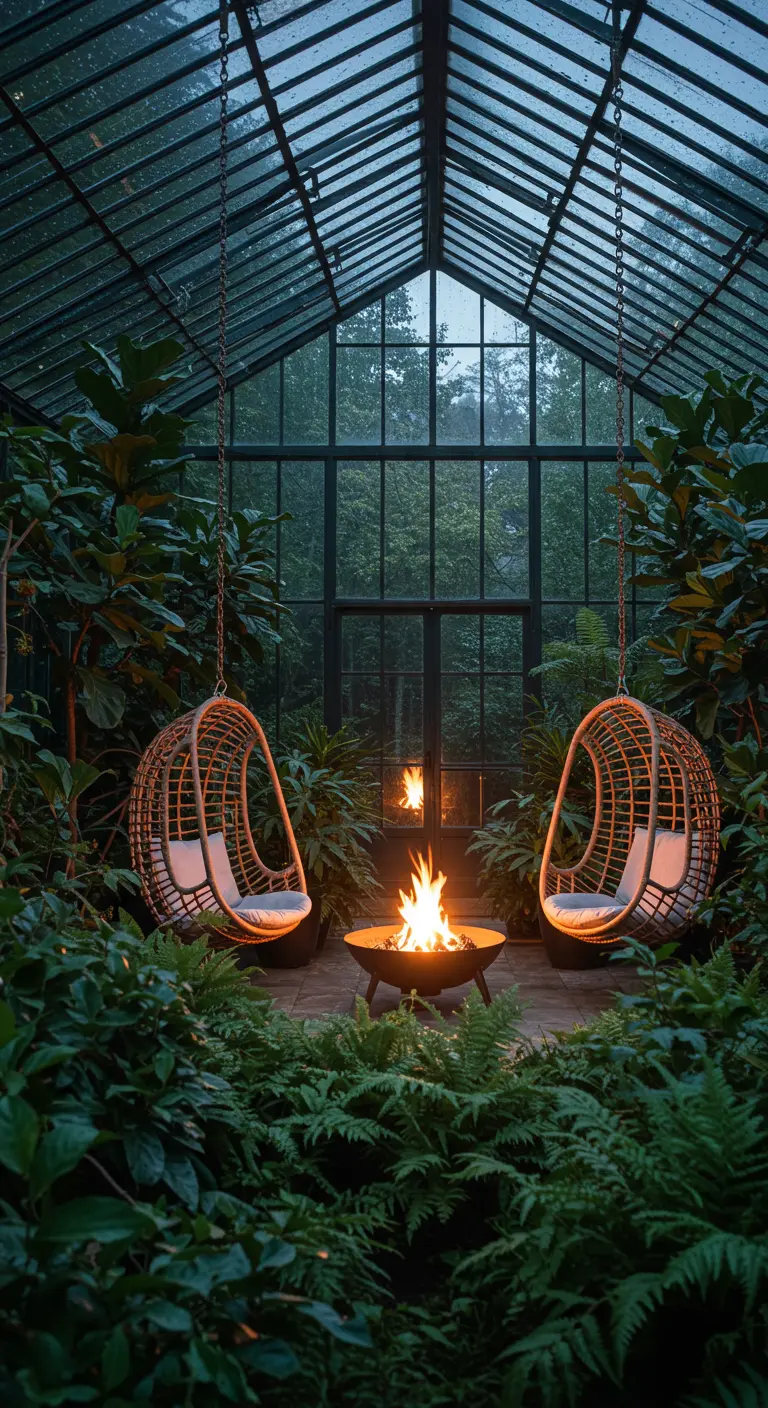 Twee rotan hangstoelen in een glazen kas vol planten, rond een vuurschaal.