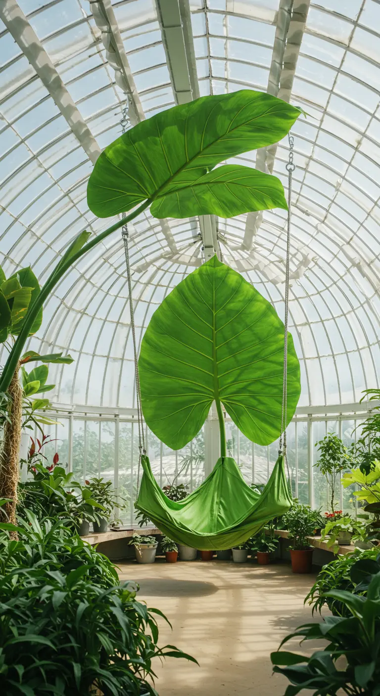 Artistieke groene schommel in de vorm van een reusachtig blad in een kas.
