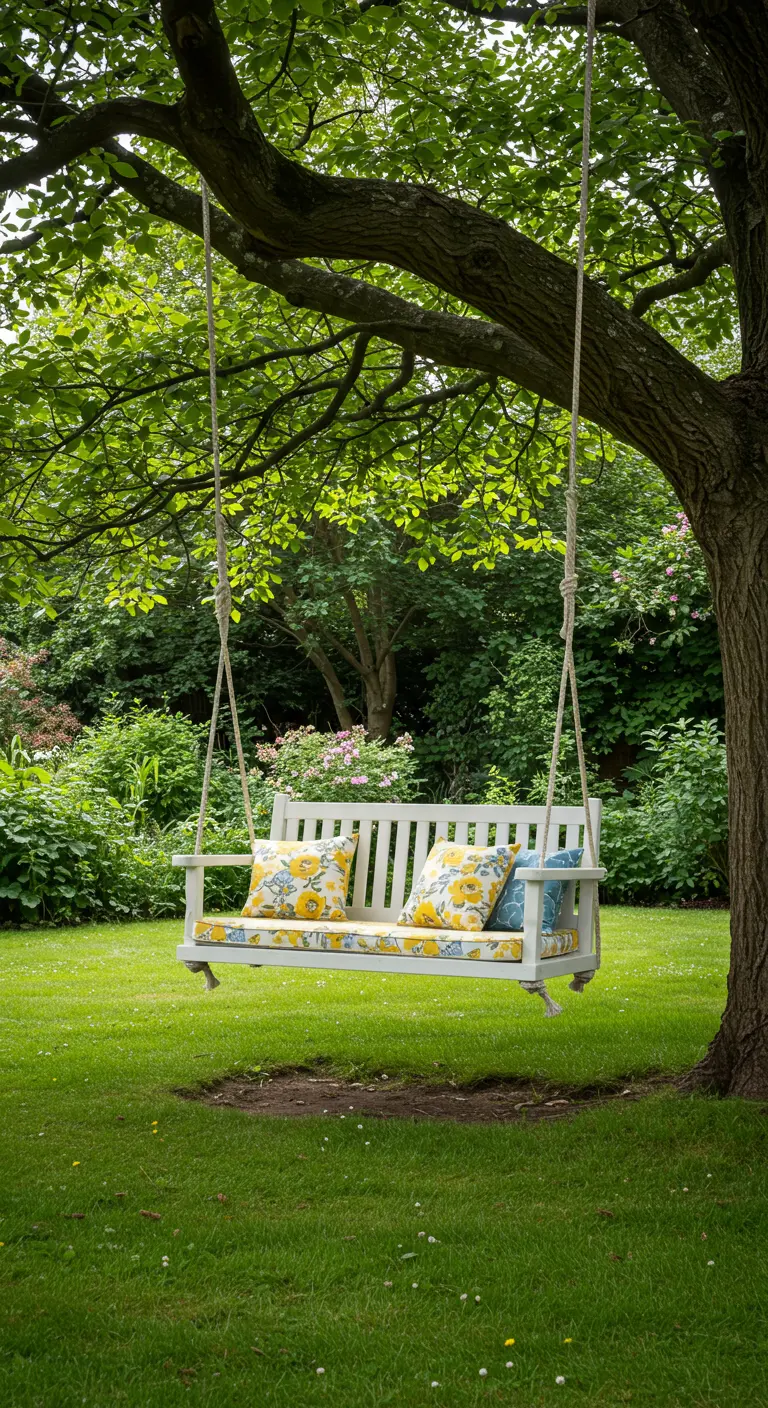 Witte houten schommelbank met gele bloemenkussens, hangend aan een grote boom.