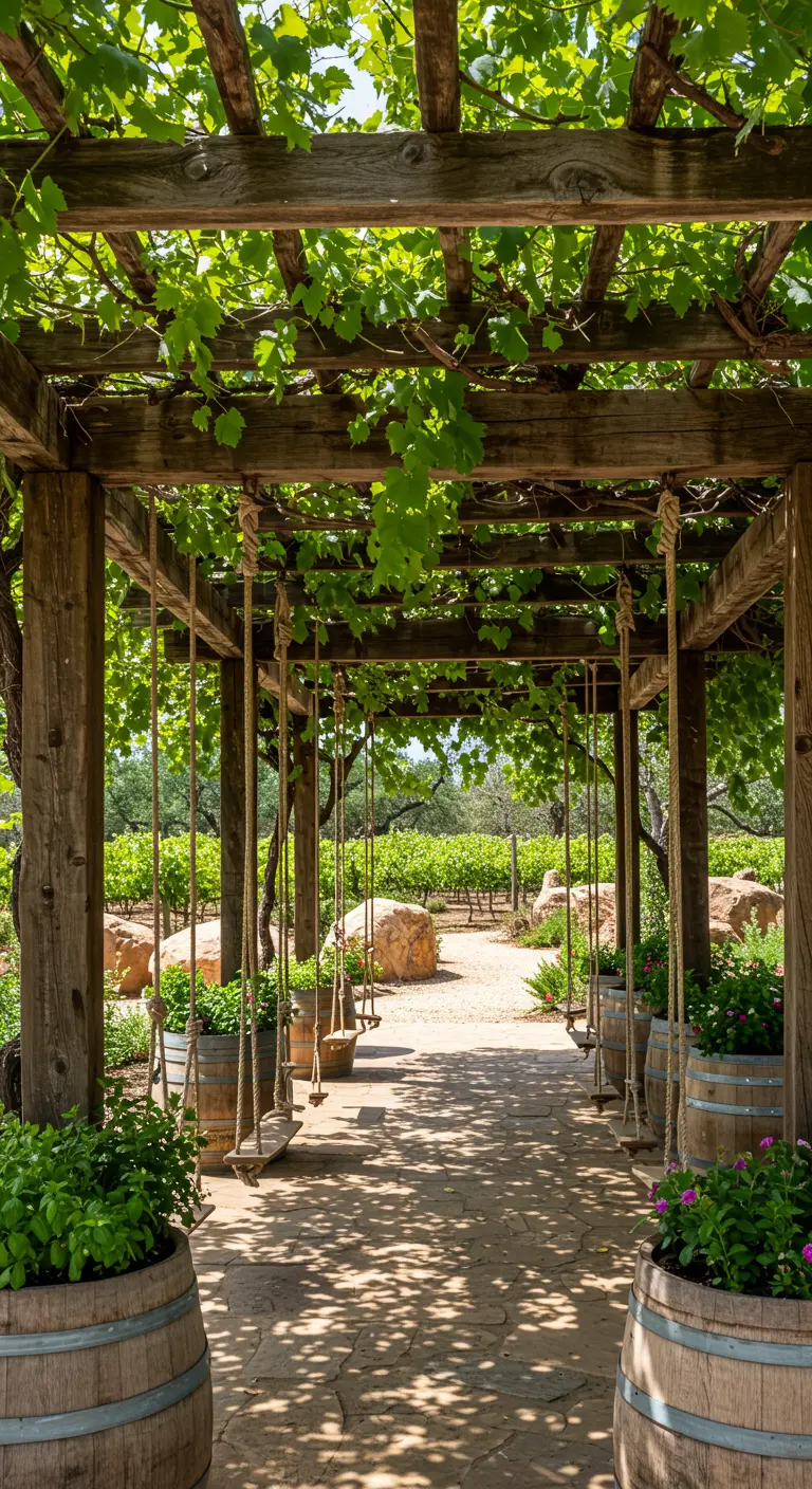 Rij van houten schommels onder lange, begroeide pergola met uitzicht op wijngaarden.