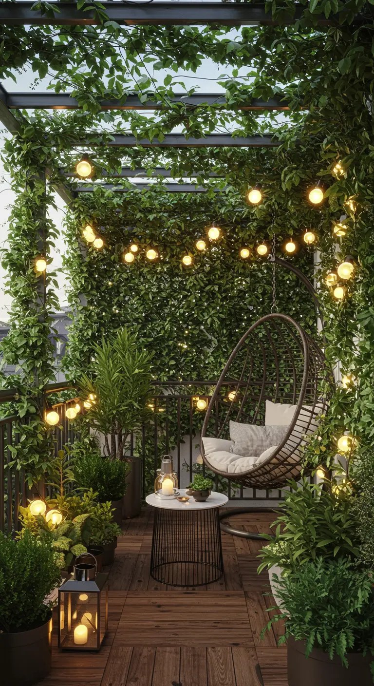Balkon met hangstoel, omringd door klimplanten en lichtslingers onder een pergola van groen.